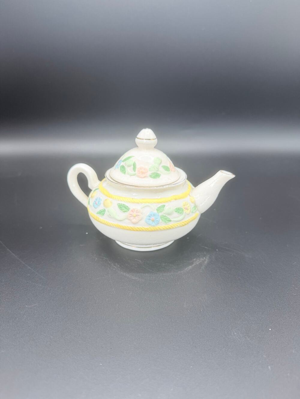 Floral Applique Ceramic Teapot Raised Flowers Yellow Rope Trim 6 Inch